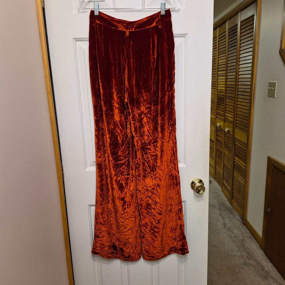 Reformation Rust Burnt Orange Crushed Velvet Silk Blend Wide Leg Pants Size 4 - Picture 5 of 6